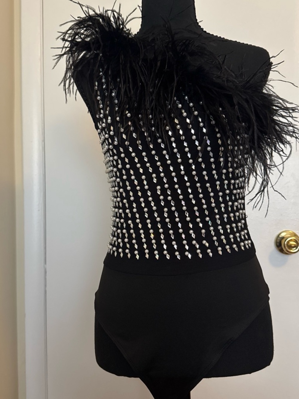 Fashion Nova Starry Night Rhinestone Feather Bodysuit Black M Glam Party